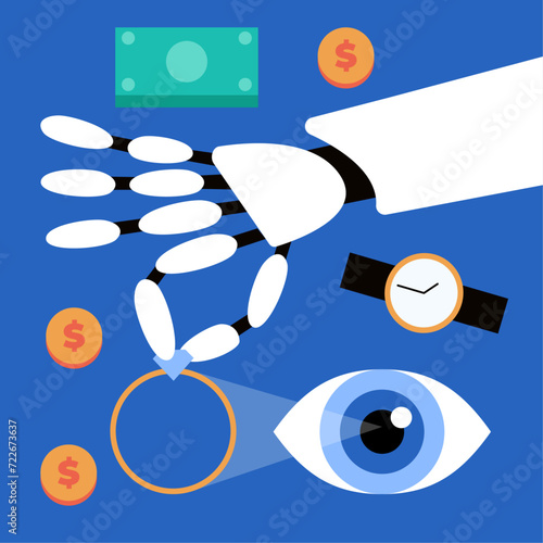 Pawnshop. AI Robot estimates the cost of jewelry using machine vision. Flat vector illustration.