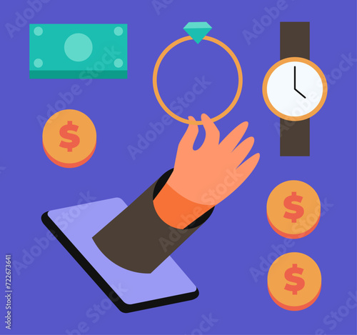 Online Pawnshop. Man sells jewelry to a pawnshop through an app on his phone. Flat vector illustration.
