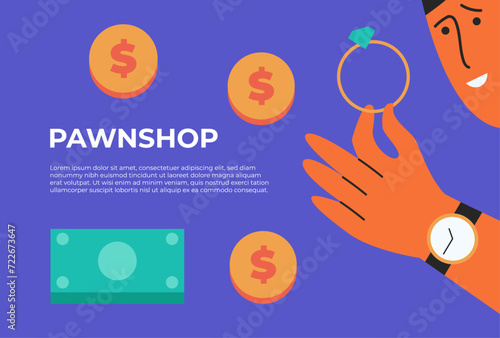Pawnshop. Man holds a diamond ring in his hand to exchange it for money. Flat vector illustration.