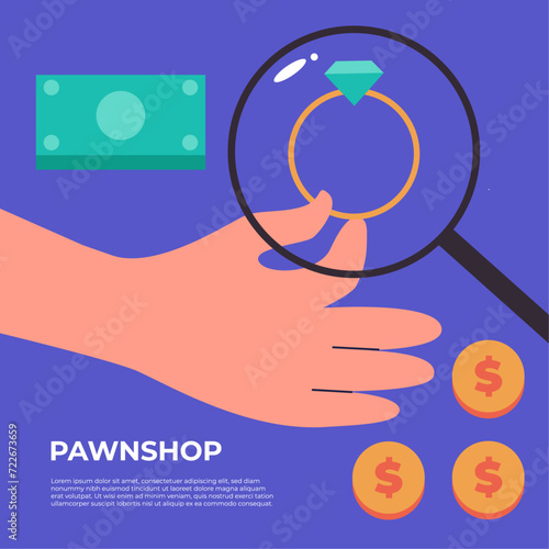 Sell and buy at a pawnshop. Man holds a diamond ring in his hand to exchange it for money. Flat vector illustration.