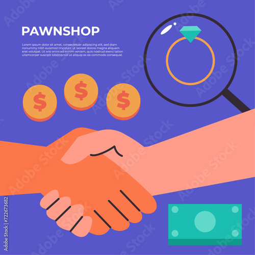 Sell and buy at Pawnshop. Transaction between people to exchange jewelry for money. Flat vector illustration.