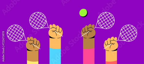 People of different nationalities play tennis. Group of people goes in for sports. Flat vector illustration.