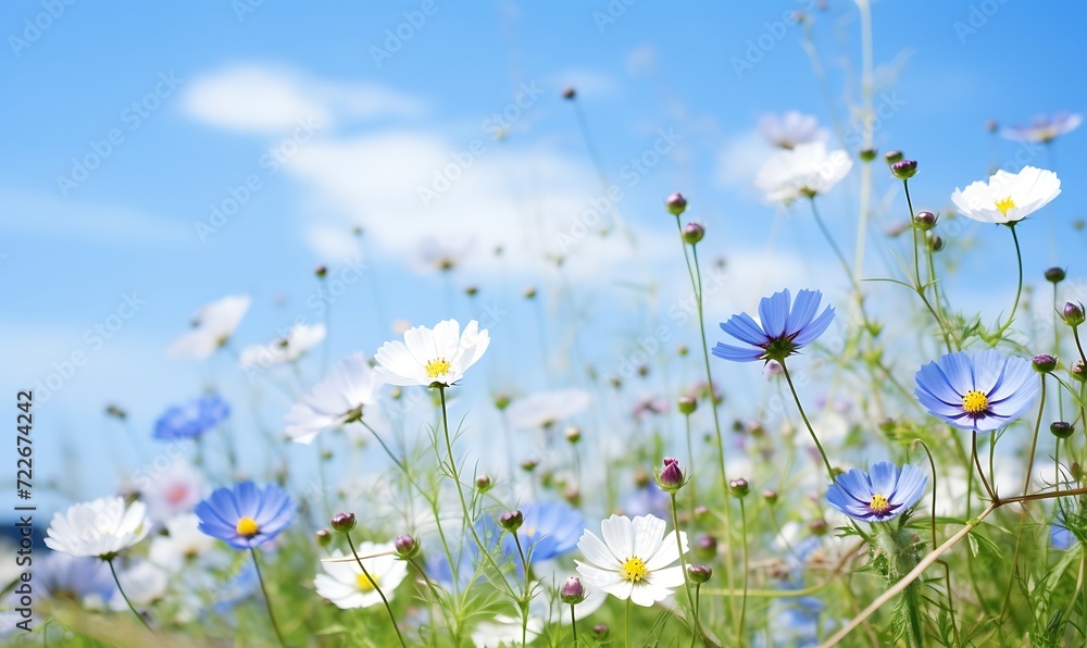 Colorful cosmos flowers with blue sky background