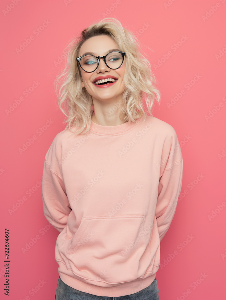 Mulher loira feliz sorrindo usando óculos e uma blusa de moletom isolada no fundo rosa 