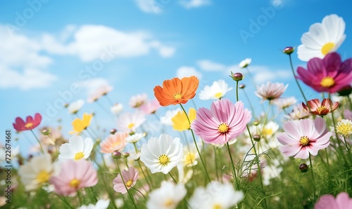 Field of cosmos flowers with blue sky and white clouds. Spring nature background