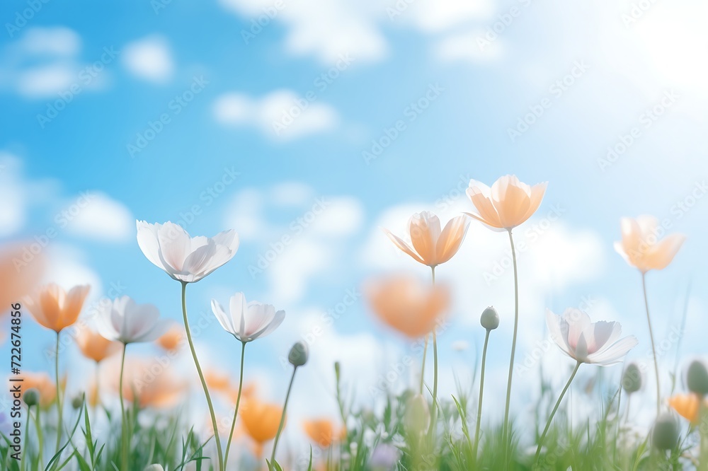 Field of cosmos flowers with blue sky and white clouds. Spring nature background