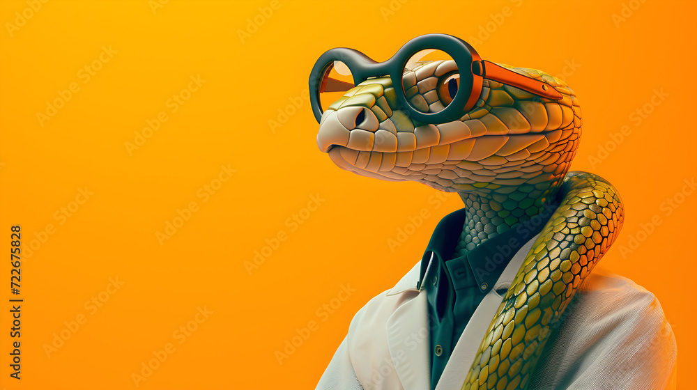 Intelligent Snake Wearing Glasses and Lab Coat on Orange Background