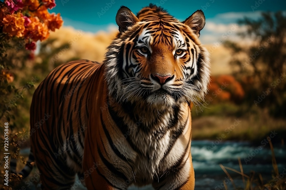 Fototapeta premium A majestic tiger stands tall against a vibrant background, celebrating International Tiger Day 2024