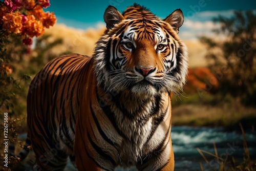 A majestic tiger stands tall against a vibrant background  celebrating International Tiger Day 2024