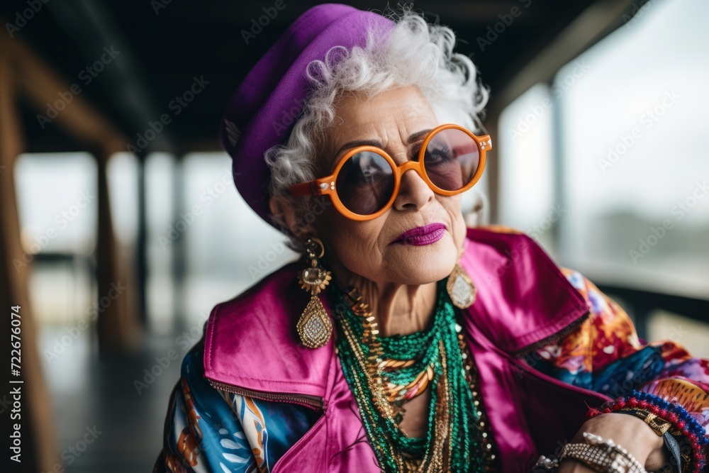 Portrait of an elderly woman in a hat and sunglasses. Beauty, fashion. Portrait of an elderly woman in a hat and sunglasses. Beauty, fashion.