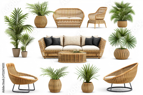set of furniture a set of modern collection Set of outdoor garden rattan straw couches armchairs cutouts double seat sofas photo