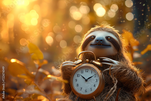 Sloth Holding Clock in the Woods with Golden Leaves, Slow time concept photo
