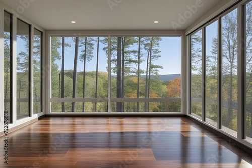 an empty living room with wood flooring and large windows looking out onto the trees that line the street outside. empty room with window