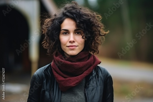 Portrait of a beautiful young woman with curly hair, outdoor.