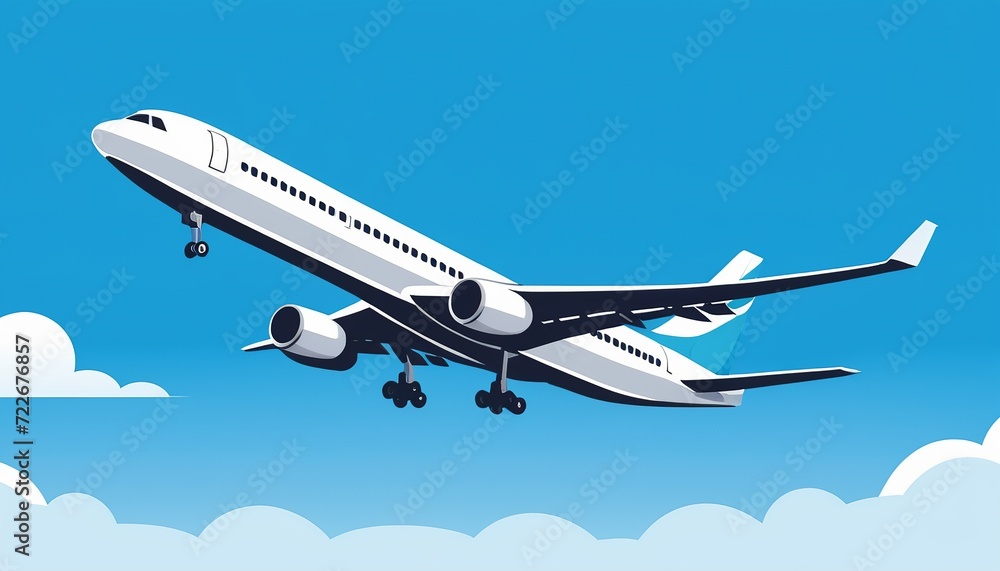 Obraz premium Vector Illustration: Airplane Wing in Bright Blue Sky