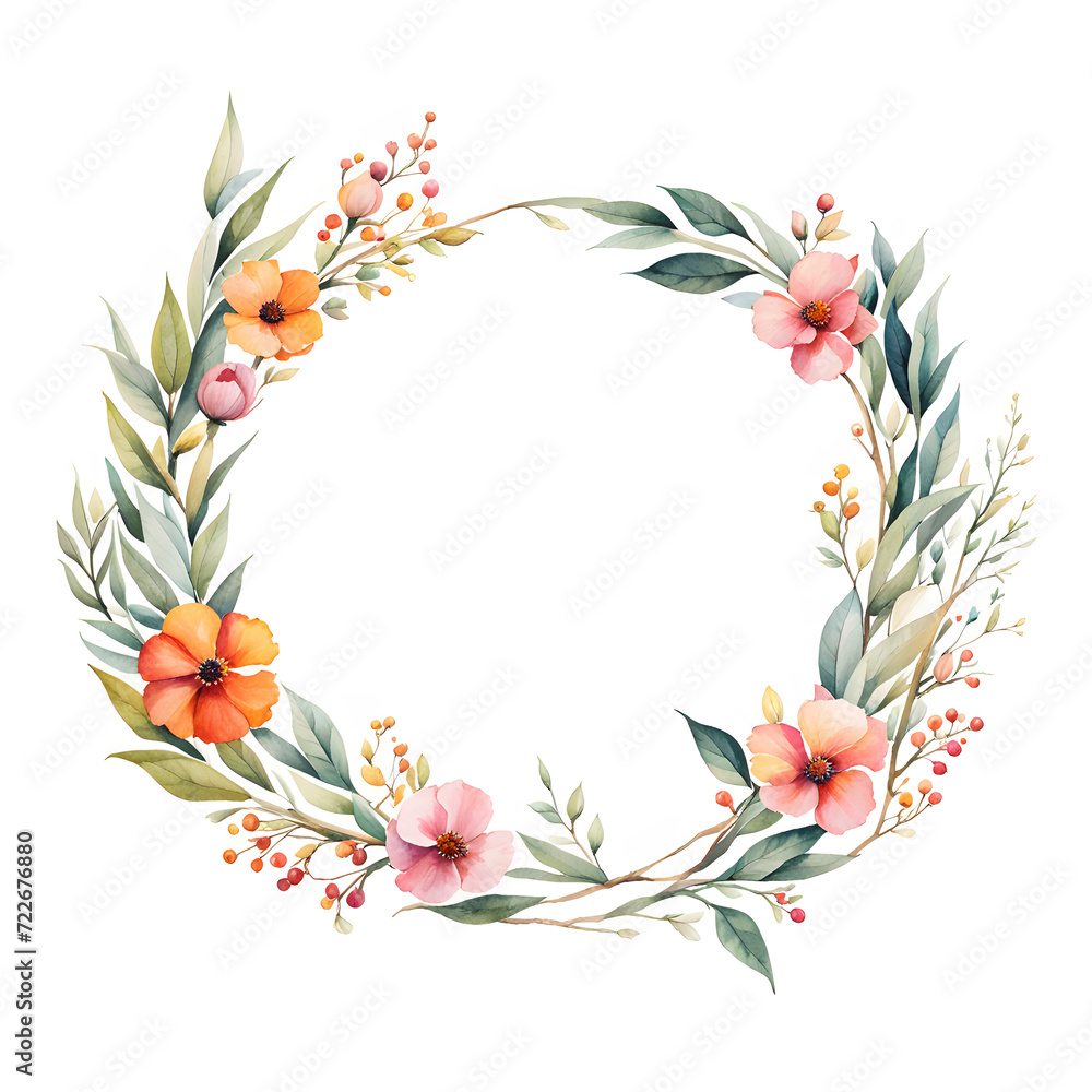 Obraz premium watercolor-illustration-by-featuring-a-minimalist-style-floral-frame-colorful-wreath