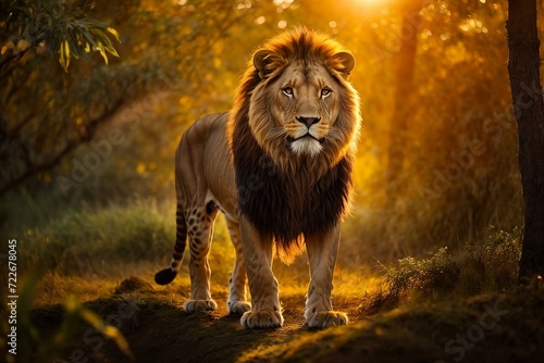 A stunning majestic lion standing tall in the jungle