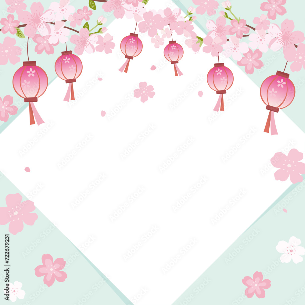 Vector background illustration of cherry blossom flowers with hanging lantern, celebrating the beautiful spring.
