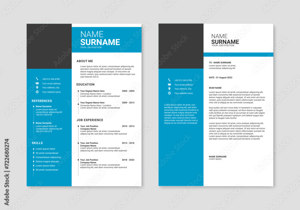 Resume template. Professional CV template. Resume and cover letter layout design. Vector illustration Resume template. Professional CV template. Resume and cover letter layout design. Vector illustration