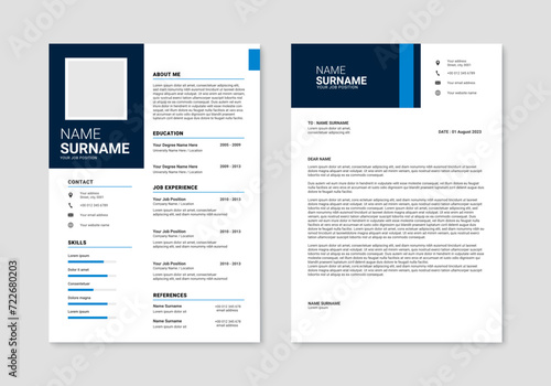Minimalist resume and cover letter layout design. Professional resume cv template. Vector illustration