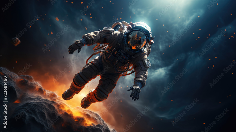 An astronaut in space suit drifting over a fiery cosmic backdrop