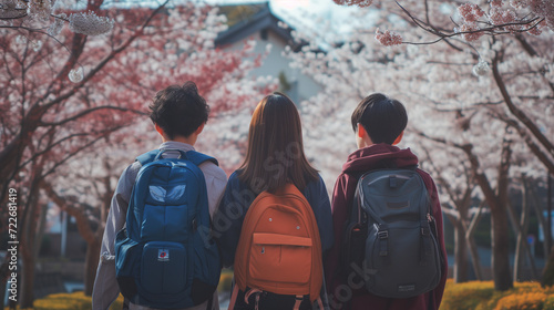 新しく小学生になる3人がどきどきしながら桜並木を歩いている後ろ姿、リュックを背負った新入生 photo