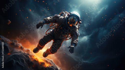 An astronaut in space suit drifting over a fiery cosmic backdrop © mariiaplo