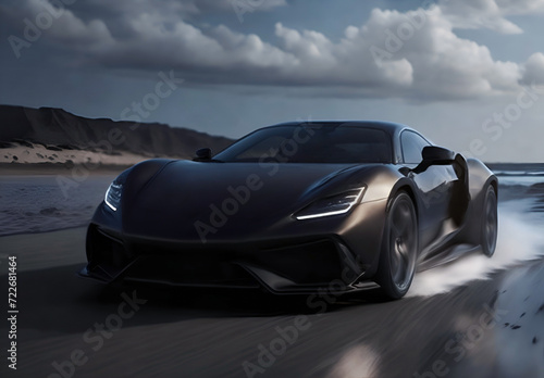 High-speed supercar on the beach. Black racing sports car racing on the ocean shore