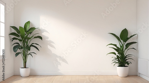 The background of the room with flowers on the right and left sides, white wall. Room background with multiple frames