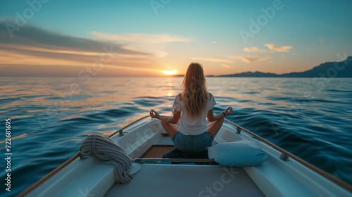 夕焼けの中、海の上に浮かんでいるボートの船首に座って瞑想（ヨガ）をする女性の後ろ姿 photo