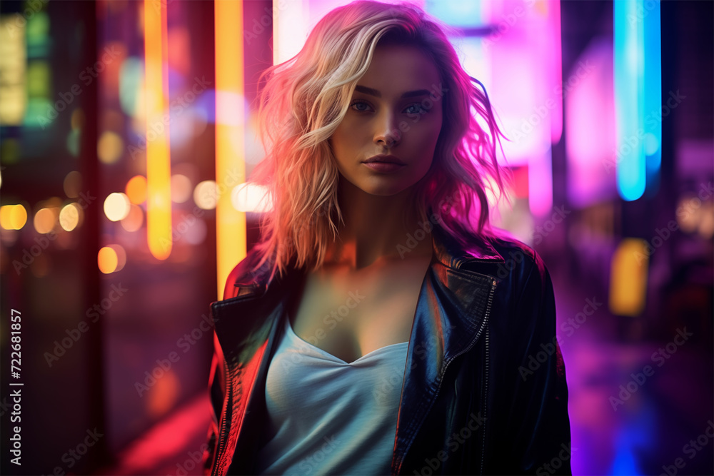 Captivating film-inspired scene: a blonde woman on a streetlight bathed in neon, with bokeh, bold lines, vibrant color, and an advertisement-inspired, confessional, wavy style. Captivating film-inspired scene: a blonde woman on a streetlight bathed in neon, with bokeh, bold lines, vibrant color, and an advertisement-inspired, confessional, wavy style.
