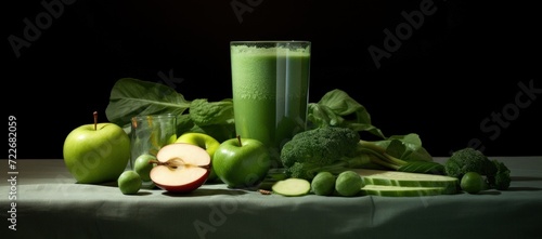 Blended green smoothie with ingredients on wooden table selective focus. Dark background.Generative AI