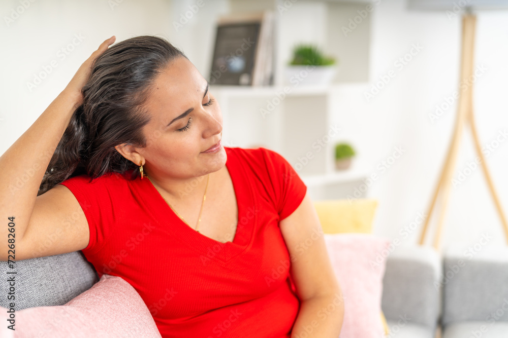 Woman in Red Feeling Unwell at Home Woman in Red Feeling Unwell at Home