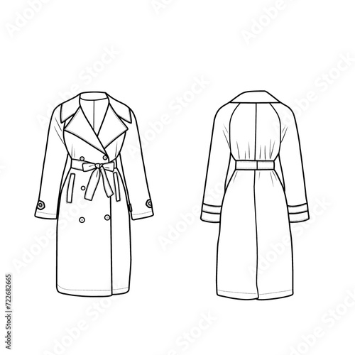 Belted trench coat fashion flat technical drawing template, pocket, front and back view. photo