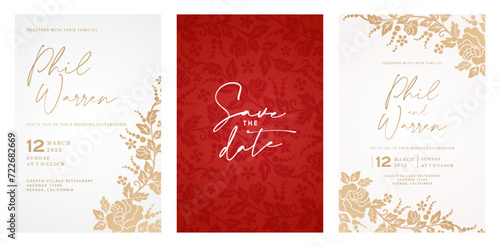 wedding invitation card with cute rose flower templates red background and gold floral design for Stationery, Layouts, collages, scene designs, event flyers, Holidays celebrations cards paper printing