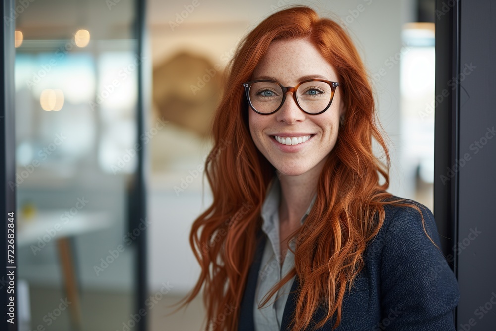 Bright and inviting portrait of a red-haired woman with glasses, smiling confidently in a professional office environment. Bright and inviting portrait of a red-haired woman with glasses, smiling confidently in a professional office environment.