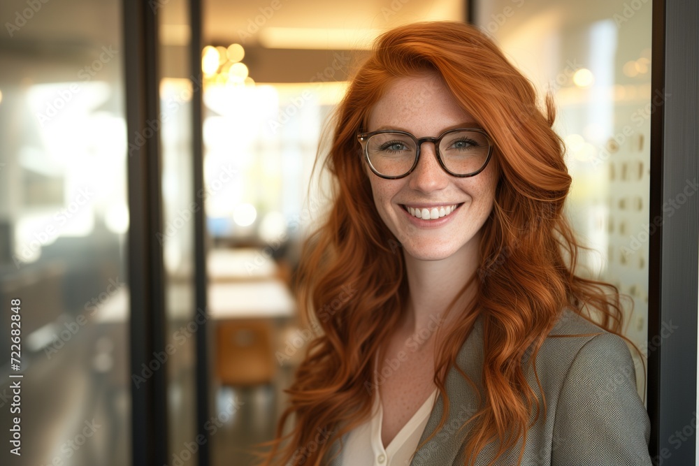 Bright and inviting portrait of a red-haired woman with glasses, smiling confidently in a professional office environment.