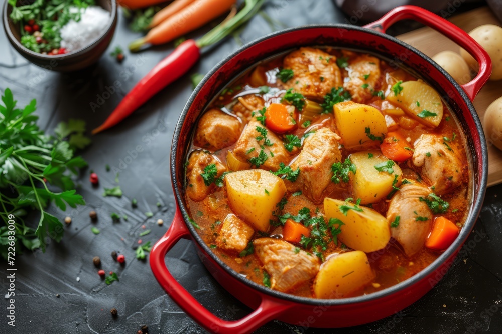 Chicken stew with potato and carrot in red pot, top view, copy space. Chicken stew with potato and carrot in red pot, top view, copy space.