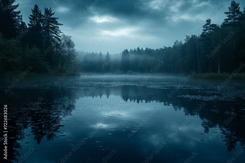Fototapeta premium Dark clouds over pond, reflecting water, natural scene