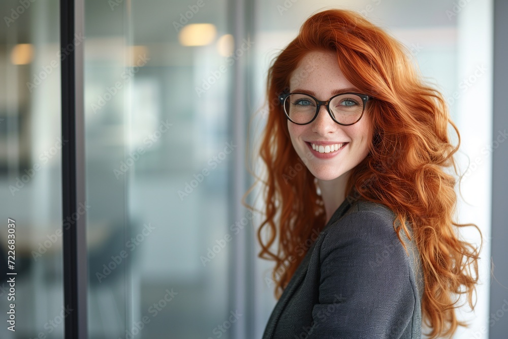 Bright and inviting portrait of a red-haired woman with glasses, smiling confidently in a professional office environment. Bright and inviting portrait of a red-haired woman with glasses, smiling confidently in a professional office environment.