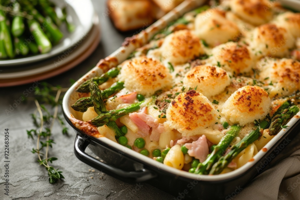 close-up of asparagus ham casserole topped with sponge cake circles in baking dish on concrete table close-up of asparagus ham casserole topped with sponge cake circles in baking dish on concrete table