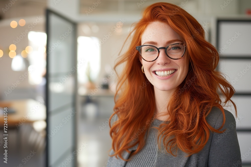 Bright and inviting portrait of a red-haired woman with glasses, smiling confidently in a professional office environment. Bright and inviting portrait of a red-haired woman with glasses, smiling confidently in a professional office environment.