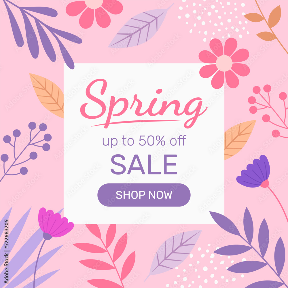 Spring Sale Header or Banner Design, Minimalistic style with floral elements and texture. Editable vector template for card, banner, invitation, social media post, poster, mobile apps, web ads