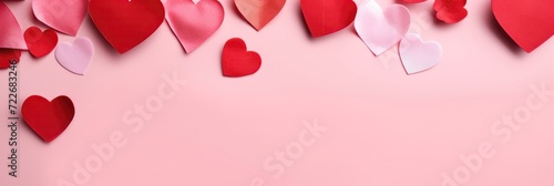 Valentine's day background with gift boxes and red hearts on white background top view.