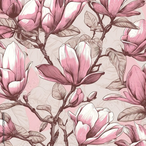 Seamless Vector Pink Magnolia Flowers Pattern   generative ai 
