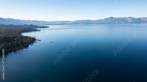 Panoramic view of Lake Tahoe  California coastline with mountains landscape 