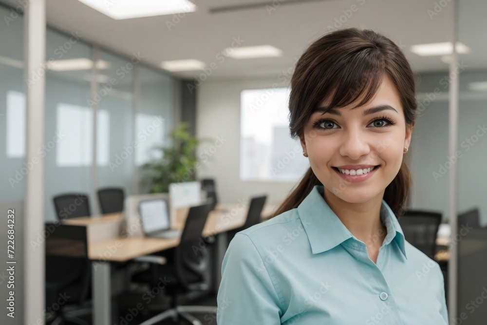 Happy businesswoman standing in a modern green office space with copy space. Happy businesswoman standing in a modern green office space with copy space.