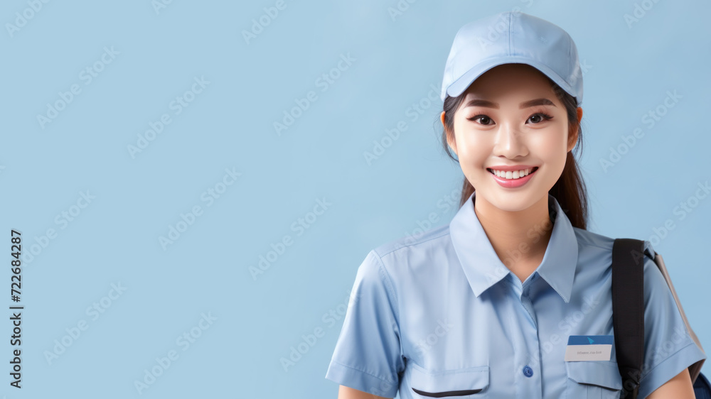 Asian woman in postal officer uniform isolated on pastel background Asian woman in postal officer uniform isolated on pastel background