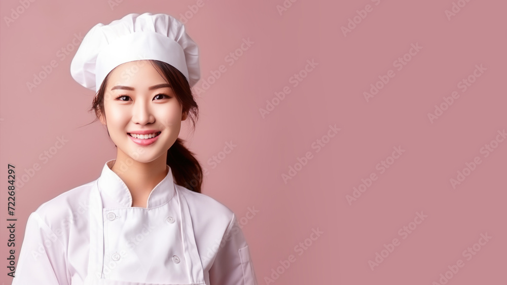 Asian woman in chef uniform smiling isolated on pastel background Asian woman in chef uniform smiling isolated on pastel background