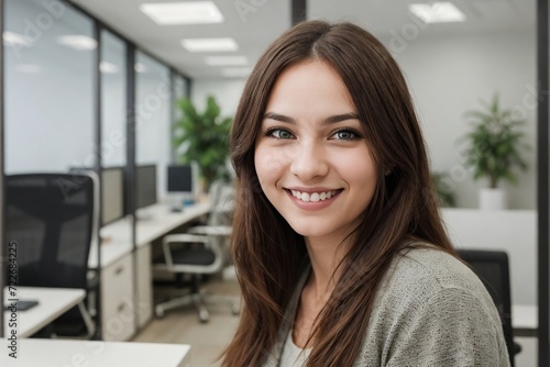 Happy businesswoman standing in a modern green office space with copy space. Free Download Happy businesswoman standing in a modern green office space with copy space. - GFXLoad
